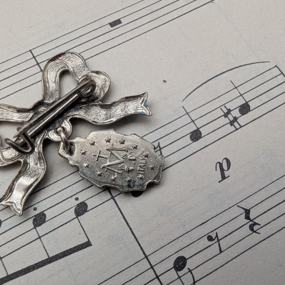 Vintage Religious Blue and Silver Bow Brooch with Pendant - Picture 6 of 7